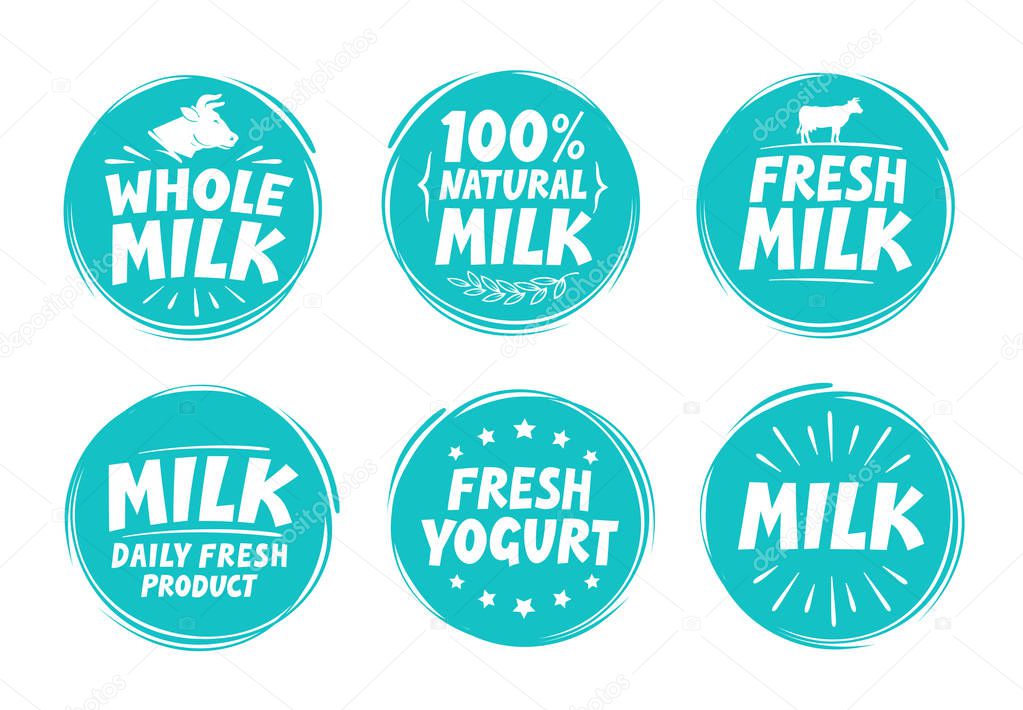 Vector set labels for milk, yogurt. Collection icons isolated on white background
