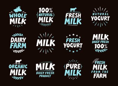 Taze süt logo, etiketi, öğe ayarlayın. Süt ürünleri amblemi, şablon, simge. Vektör çizim