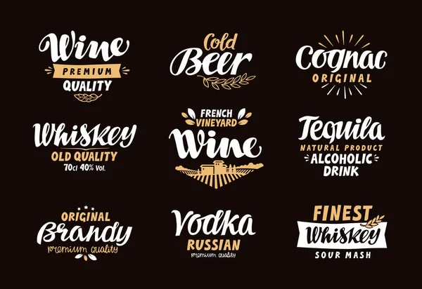 Meniu bar, set icoane. Etichete de băuturi alcoolice, cum ar fi vin, bere, coniac, coniac, whisky, tequila, vodcă. Simboluri, ilustrații vectoriale — Vector de stoc