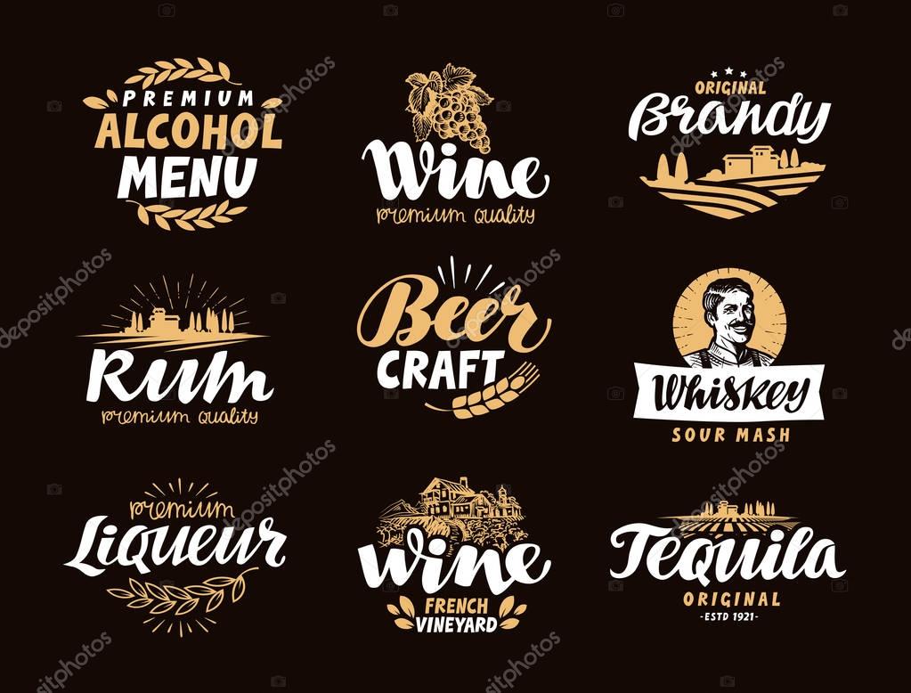 Menu bar, icons set. Labels of alcoholic drinks such as wine, brandy, rum, craft beer, whiskey, liqueur, tequila. Symbols