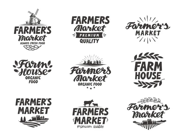 Mercado de agricultores, logotipo vectorial. Granja, iconos de la agricultura conjunto — Archivo Imágenes Vectoriales