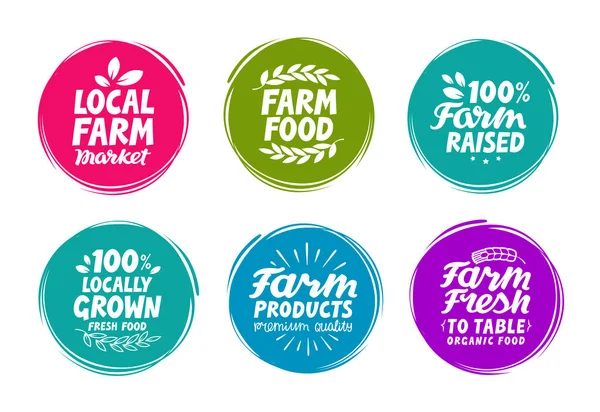 Vektor-Set bunte Etiketten für Lebensmittel, Ernährung. Symbole der Bauernhofsammlung — Stockvektor
