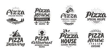 Pizza, gıda Icons set. Yazı, menü tasarım restoran veya kafe için etiket koleksiyonu