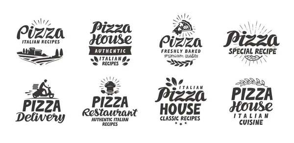 ピザ、食品アイコンを設定します。レタリング、メニュー デザイン レストランやカフェのラベル コレクション — ストックベクタ
