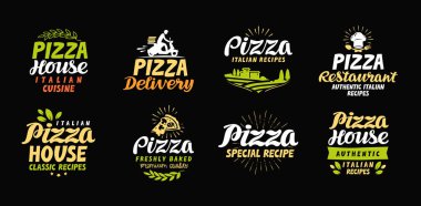 Vektör pizza ayarla simgeler, etiket, semboller, işaretler, tasarım öğeleri