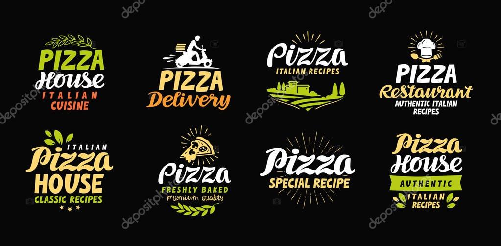 Vector pizza set icons, labels, symbols, signs