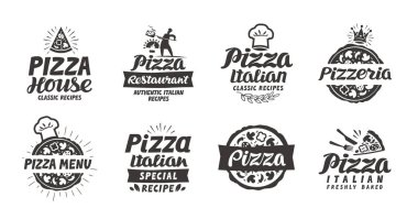 Pizza logo, etiketi, öğe ayarlayın. Pizzacı, Restoran, yemek simgeler. Vektör çizim