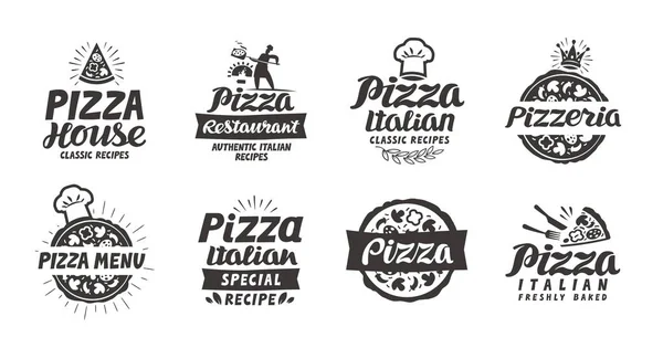 Pizza logo, etiketi, öğe ayarlayın. Pizzacı, Restoran, yemek simgeler. Vektör çizim