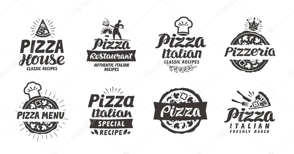 Pizza set logo, label, element. Pizzeria, restaurant, food icons. Vector illustration isolated on white background