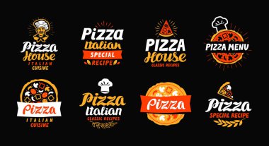 Pizza logo, etiketi, öğe. Pizzacı, Restoran, yemek set simgeler. Vektör çizim