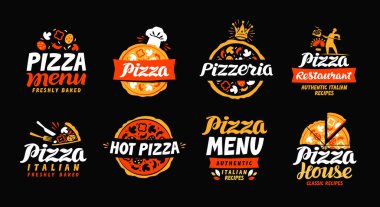Pizza logosu. Menü tasarım restoranı ya da pizzacı için koleksiyon etiketleri. Vektör simgeleri