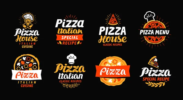 Logotipo da pizza, etiqueta, elemento. Pizzaria, restaurante, ícones de comida. Ilustração vetorial —  Vetores de Stock