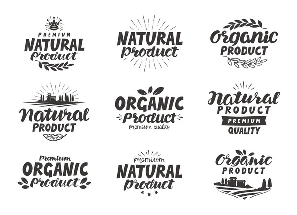 Природные, органические иконки продукта или символы. Красивый буквенный дизайн упаковки для пищевой, косметической продукции. Векторная иллюстрация — стоковый вектор