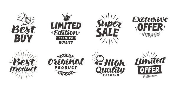 Business, shopping vector set icons. Lettering best product, super sale, exclusive offer, high quality, original, limited edition