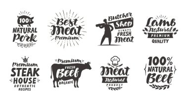 Butcher shop, labels. Meat, beef, pork, lamb set icons. Lettering vector illustration clipart