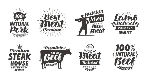 Slagerij, etiketten. Vlees, rundvlees, varkensvlees, lamsvlees set pictogrammen. Belettering vectorillustratie — Stockvector