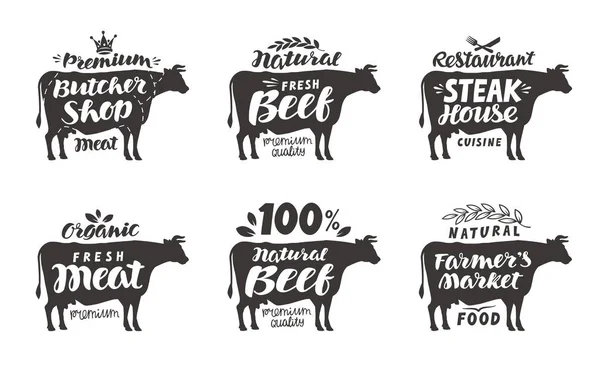 Vaca. Vector definir rótulos de alimentos, crachás e ícones. Lettering talho, carne de vaca, bife, carne, mercado do agricultor — Vetor de Stock