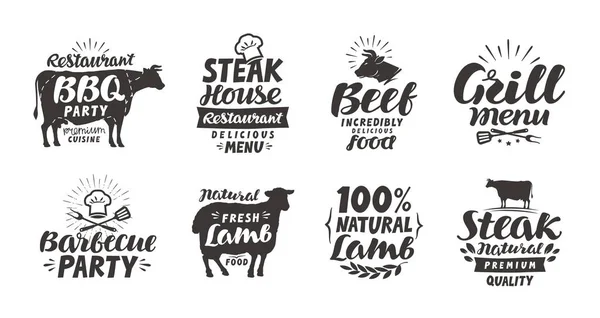 Barbacoa, barbacoa, etiquetas de carne. Elementos de colección para el diseño de menú restaurante o cafetería. Ilustración vectorial — Vector de stock