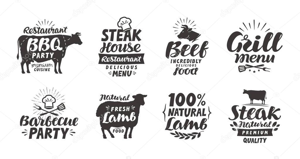 BBQ, barbecue, meat labels. Collection elements for menu design restaurant or cafe. Vector illustration isolated on white background