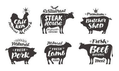Çiftlik hayvanları Icons set. Tavuk, sığır eti, domuz eti, kuzu, kasap dükkanı, gibi güzel letterings etiketlerle topluluğu et lokantası. Vektör çizim