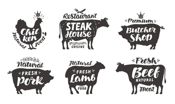 Farm állatok ikonok beállítása. Gyönyörű letterings, csirke, marhahús, sertés, bárány, hentesbolt, például címkéket gyűjteménye steak house. Vektoros illusztráció — Stock Vector