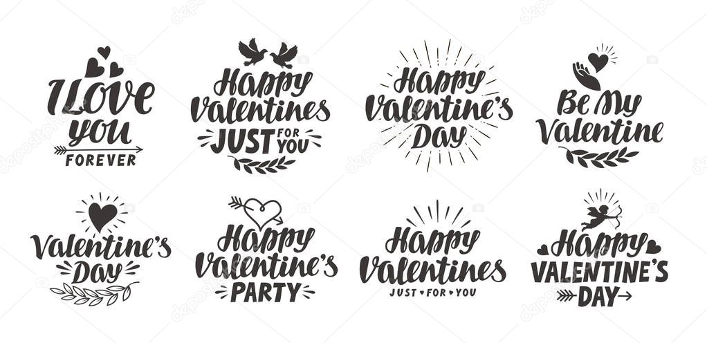 Happy Valentine's day. Collection beautiful labels for decoration of greeting card. Vector illustration