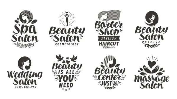 Conjunto vectorial de etiquetas de salón de belleza, logotipos e iconos. Lettering Spa, Peluquería, Boda, Masajes — Vector de stock