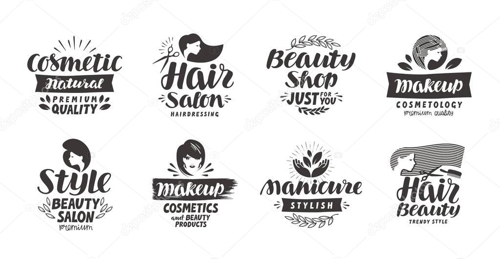 Beauty salon logo. Beautiful labels such as cosmetic, makeup, manicure, style. Vector illustration