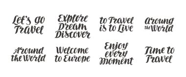 Seyahat, macera vektör kümesi. El yazısı güzel kaligrafi yazı