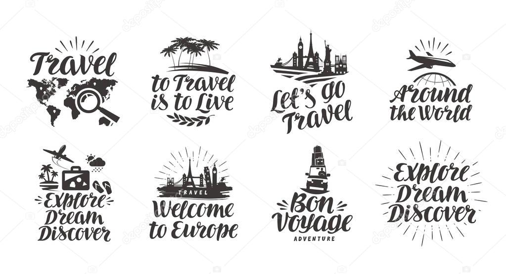 Travel, journey set icons. Handwritten lettering. Label vector illustration isolated on white background