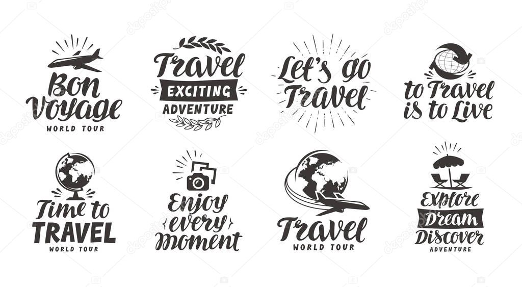 Travel, adventure set icons. Handwritten lettering. Label vector illustration isolated on white background