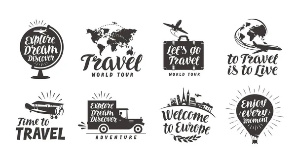 Travel set icons. Handwritten lettering. Label vector illustration — Stock Vector