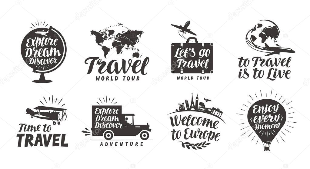 Travel set icons. Handwritten lettering. Label vector illustration isolated on white background