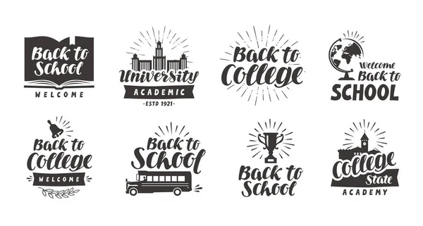 Escola, conjunto de ícones da faculdade. Lindas letras caligráficas. Ilustração vetorial da etiqueta —  Vetores de Stock