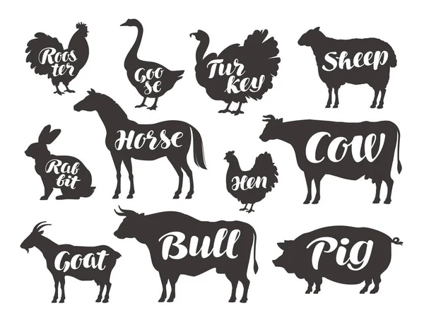 Farm animals, vector set icons. Collection of silhouettes such as horse, cow, bull, sheep, pig, rooster, chicken, hen, goose, rabbit, turkey, goat — Stock Vector