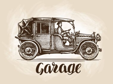 Retro araba çizilmiş. Sketch vektör çizim