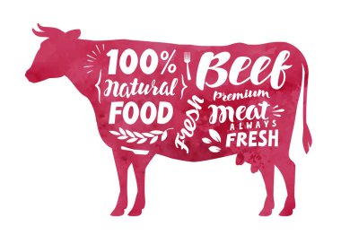 Eti, taze et, vektör etiket. Siluet inek yazı ile