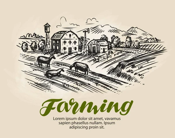 Farm sketch. Agriculture, farming vector illustration — Stock Vector