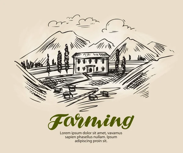 Farm vázlat. Gazdálkodás, mezőgazdasági vektoros illusztráció — Stock Vector