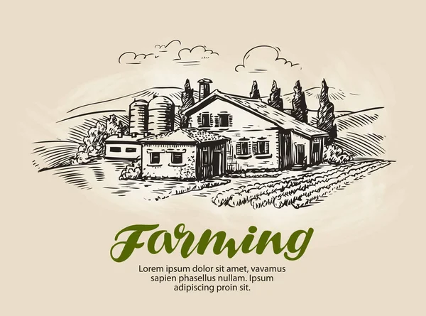 Cottage, esboço da casa de campo. Fazenda, paisagem rural, agricultura, ilustração vetorial agrícola — Vetor de Stock