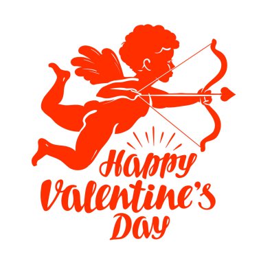 Happy Valentine's Day, greeting card. Flying angel or cupid with bow and arrow. Vector illustration clipart