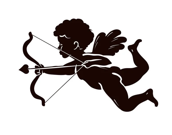 Silhouette angel, cupid or cherub with bow and arrow. Vector illustration — Stock Vector