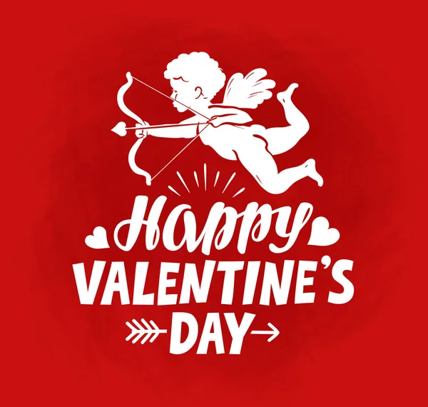 С Днем Святого Валентина, поздравительная открытка. Летящий ангел, херувим или амур с луком и стрелами — стоковый вектор
