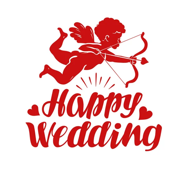 Boldog esküvői, üdvözlőlap. Angyal, kerub vagy Ámor íj és nyíl repül. Vektoros illusztráció — Stock Vector