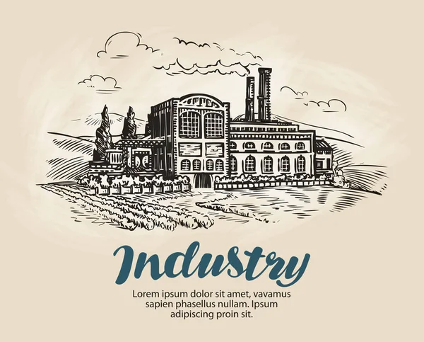 Industria, boceto de fábrica. Producción industrial, fabricación. Ilustración de vector Vintage — Vector de stock