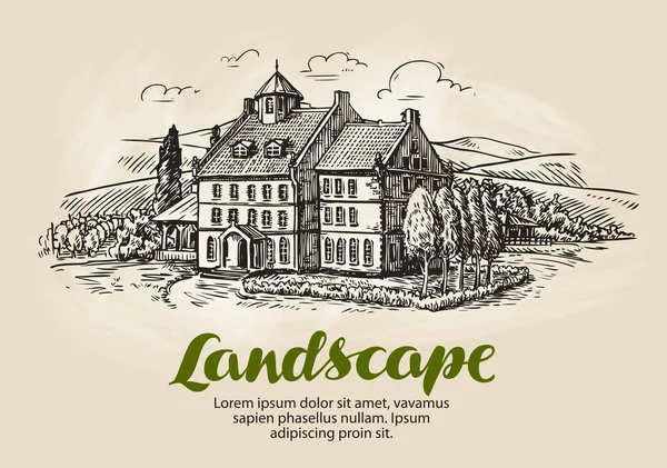 Bauernhof, Weinbergsskizze. Jahrgang ländliche Landschaft, Landwirtschaft, Landwirtschaft Vektor Illustration — Stockvektor