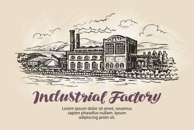 Endüstriyel fabrika, fabrika kroki. Vektör çizim oluşturma vintage