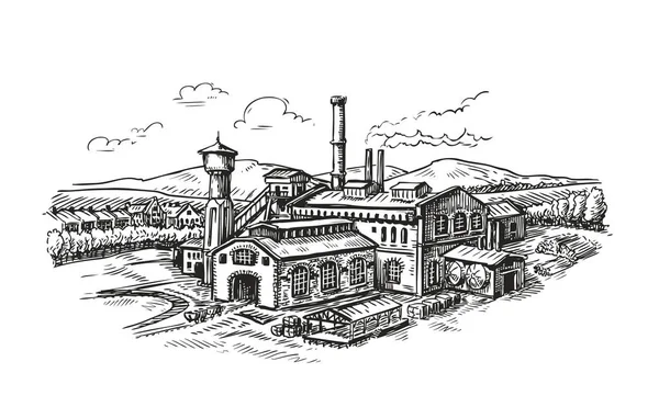 Planta industrial, boceto de fábrica. Ilustración vectorial edificio Vintage — Vector de stock