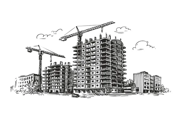 都市の建設、建物のスケッチ。都市、家、町のベクトル図 — ストックベクタ
