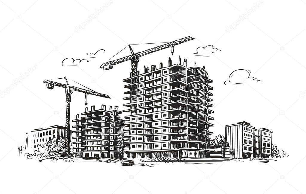 Urban construction, building sketch. City, house, town vector illustration
